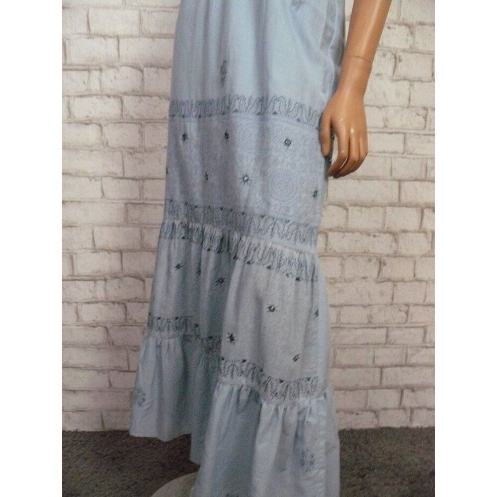 $300 Sky Blue Smocked Boho Silk Embroidered Tiered Halter Maxi Dress XS NEW - Picture 6 of 9